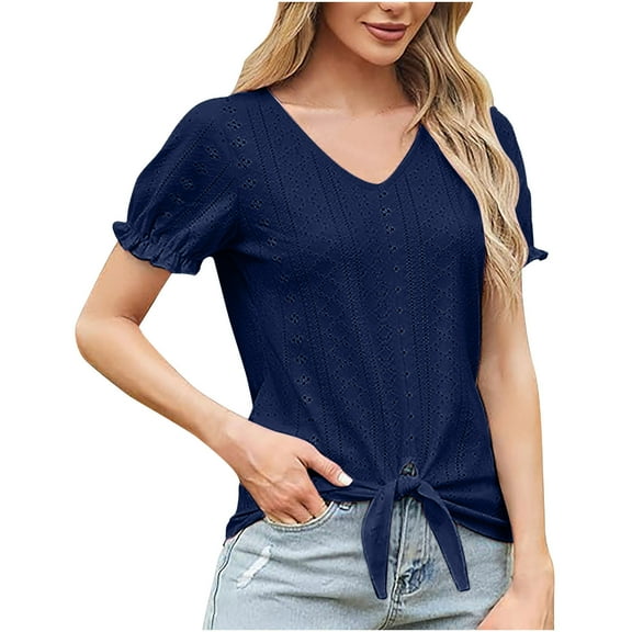 Fesfesfes Women's V-Neck Tops New Eyelet Embroidered Short Ruffle Sleeve T-shirt Breathable Fabric Casual Loose Front Tie Hem Tee