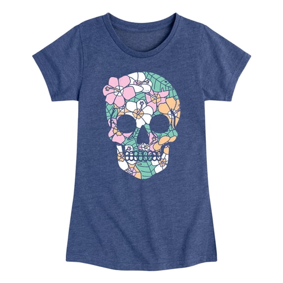 Instant Message - Tropical Floral Skull Fitted Short Sleeve Graphic T-Shirt