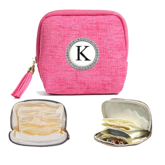 Mini Travel Jewelry Case with Initial , Soft Travel Jewelry Organizer Pouch Wallet Bags with Zipper, Gifts for Women Bracelet Rings Earring Storage Bag