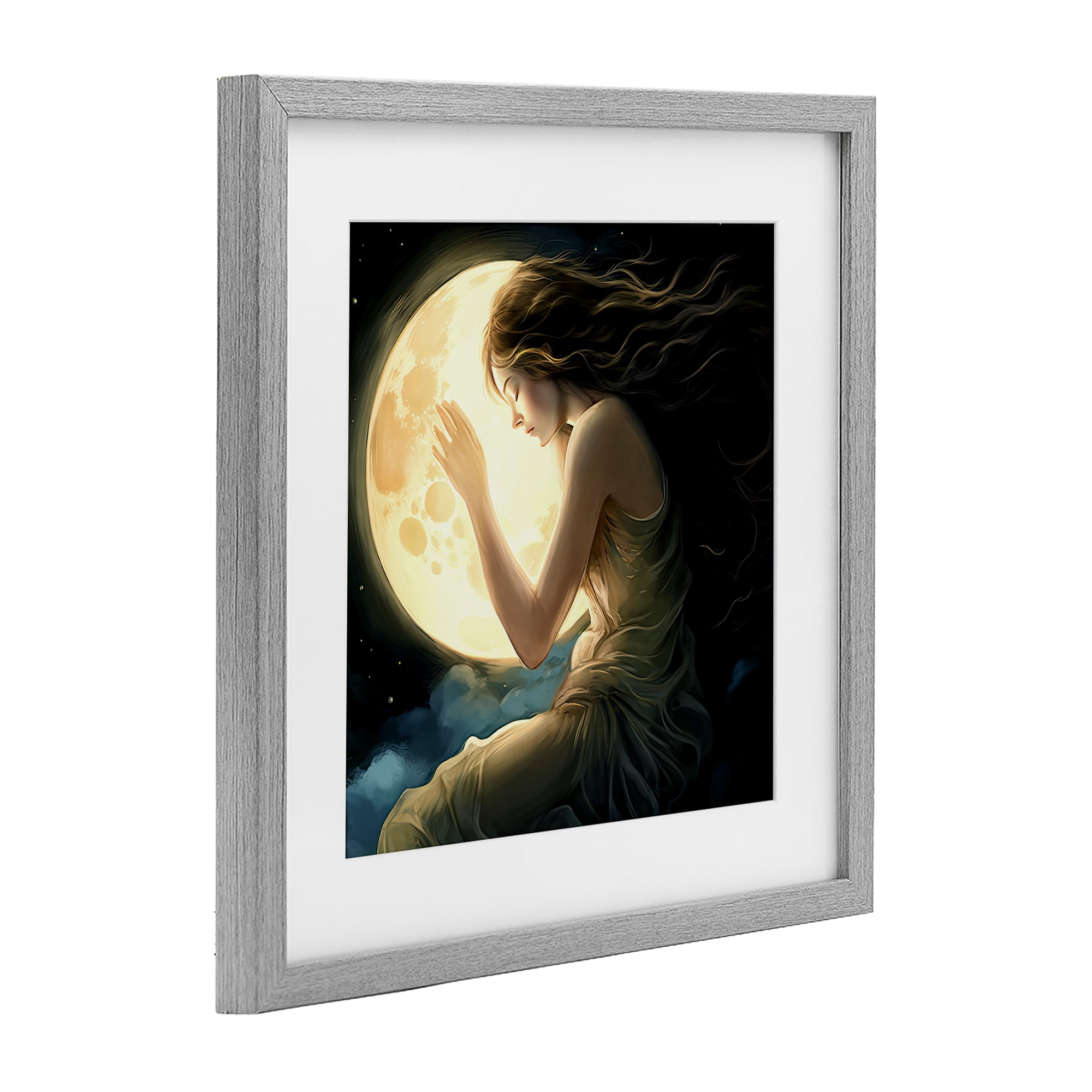 Ethereal Moon Love Gray Framed Print Under Glass, design by Sasha