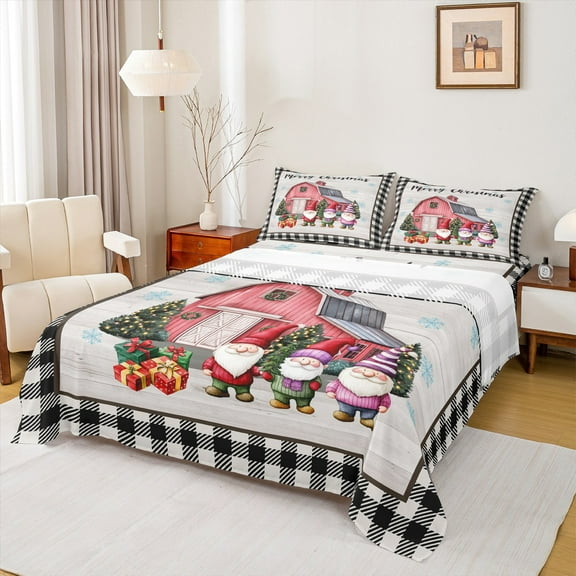 jejeloiu Colorful Kawaii Gnome Twin Sheet Sets,Western Christmas Cabin Twin Fitted Sheet,White Geometric Plaid Flat Sheet For Children,Microfiber Bedroom Decor,3pcs