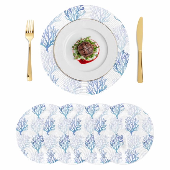 Coastal Blue Coral Round 15 Inch Placemats Set of 4, Nautical Ocean Seaside Beach HeatResistant Non Slip Place Mats for Dining Table, Wipeable Braided Kitchen Table Mats for Housewarming