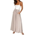 thumbnail image 3 of Women Casual High Waist Spring Fall Solid Color Long Wide Leg Pants Casual with Pockets Apricot XL, 3 of 9