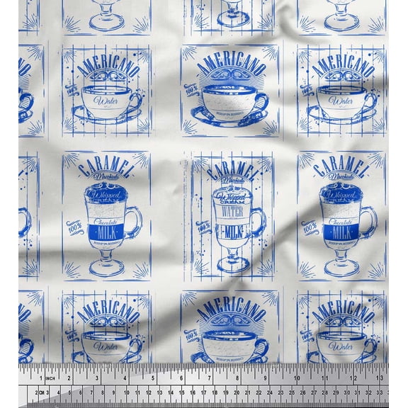 Soimoi Blue Silk Fabric Caramel & Americano Coffee Beverages Print Fabric by Yard 42 Inch Wide