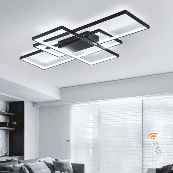 Garwarm 35.4in. Black 3-Square LED Ceiling Light with Remote, 50W Dimmable Flush Mount Ceiling Light, Modern Acrylic Fixture for Living Room Bedroom Kitchen