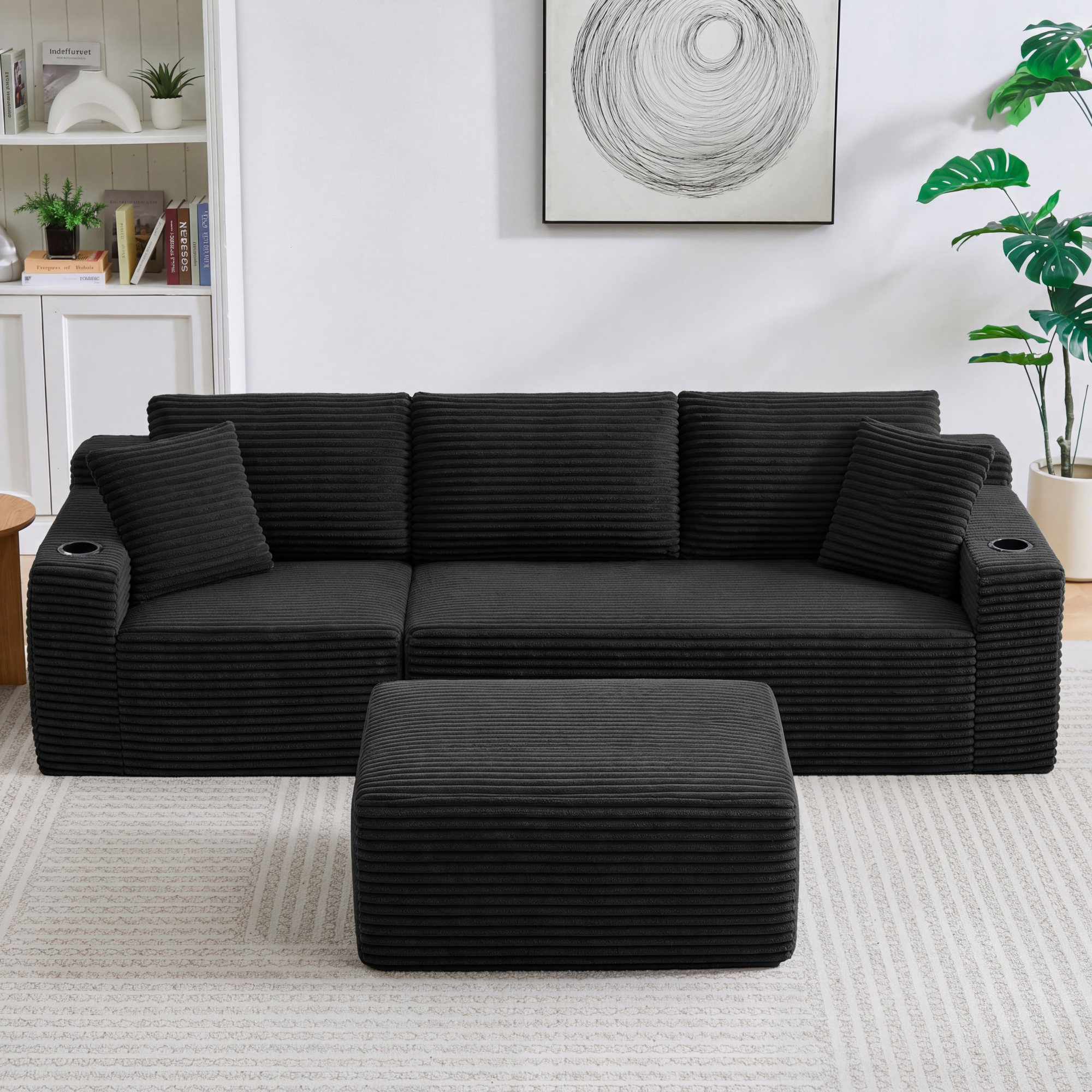 HOQBN L-Shaped Sectional Sofa with Ottoman, Corduroy 3-Seat Couch, Modern Modular Sofa for Living Room Black