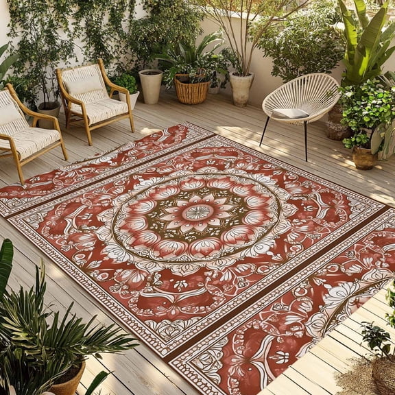 Fsddascl Red Beige Boho Outdoor Rug for Patio/Deck/Porch, Non-Slip Large Area Rug 5 x 8 Ft, Abstract Art Floral Ethnic Tribal Indoor Outdoor Rugs Washable Area Rugs, Reversible Camping Rug Carpet