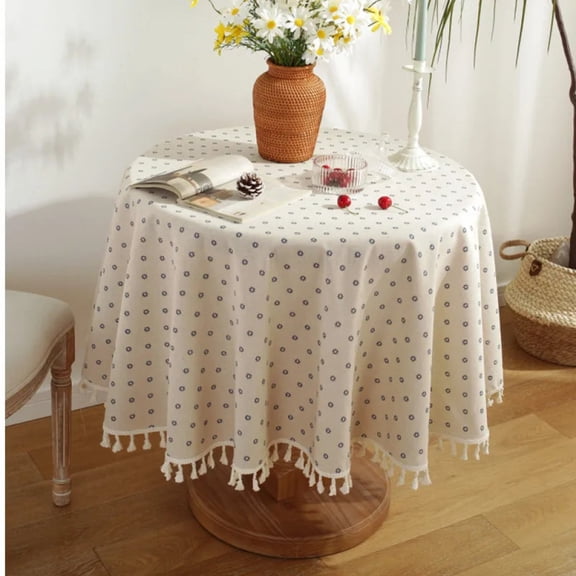 Green Leaves Print Round Tablecloth Cotton Linen Boho Table Cloth with Tassels for Kitchen Restaurant Christmas Party Decoration