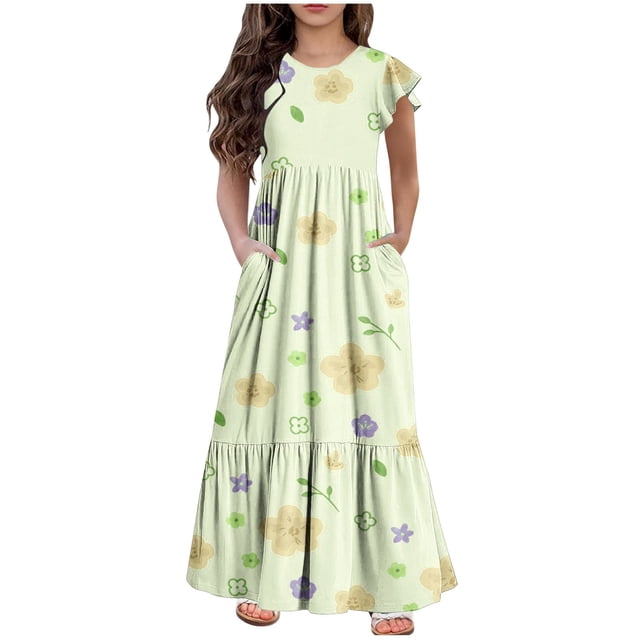 Yanlir Robe d'Été à Volants pour Filles 4-14 Ans, Robes Trapèze pour Enfants Sans Manches à Col Rond, Robe Soleil pour des Tenues Confortables et Stylées (Jaune#5, 8 Ans)