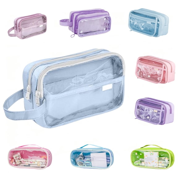 PYURTEP Large Capacity Pencil Case, Clear Portable Pencil Pouch, Cute Double-layer Zipper Pouch for Office Exam Home Use