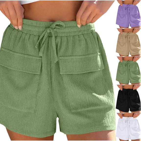 YLOMAY Shorts Woman Summer Women Short Pants Elastic Mid Waist Pocket Shorts with Drawstring Solid Color Stylish Shorts Loose Fit Party Wear Black L