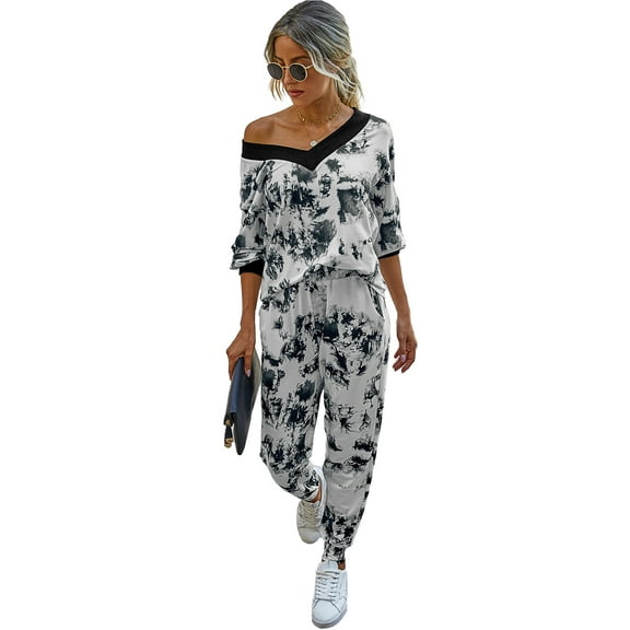 Women's 2 Piece Leopard Print Long Sleeve Tops and Pants Set Tracksuits, White, Large