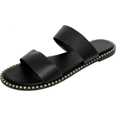

New Women s Double Strap Band Flat Slide Stud Summer Sandal