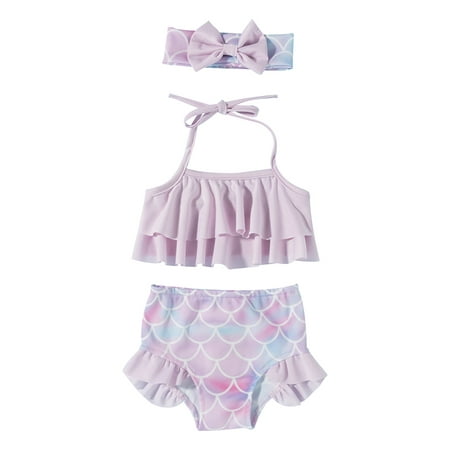 

Toddler Infant Baby Girls Swimsuit Two Pieces Bathing Suit Ruffled Halter Crop Top Bikini Tankini with Headbow Summer Beach Outfits Kids Sunsuit Set for 6M-3T