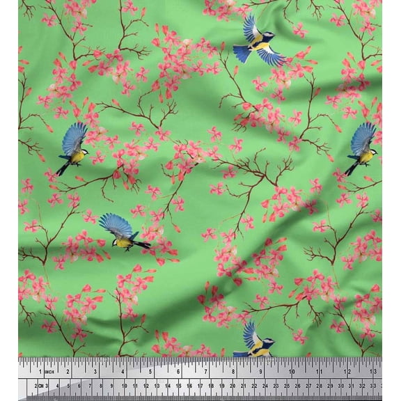 Soimoi Cotton Duck Fabric Floral & Blue Tit Bird Print Fabric by The Yard 42 Inch Wide
