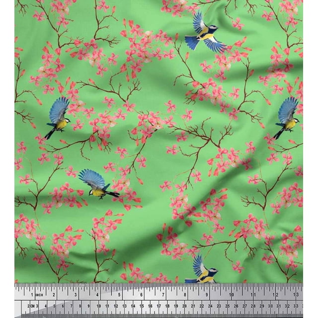 Soimoi Crepe Silk Fabric Floral & Blue Tit Bird Decor Fabric Printed Yard 42 Inch Wide