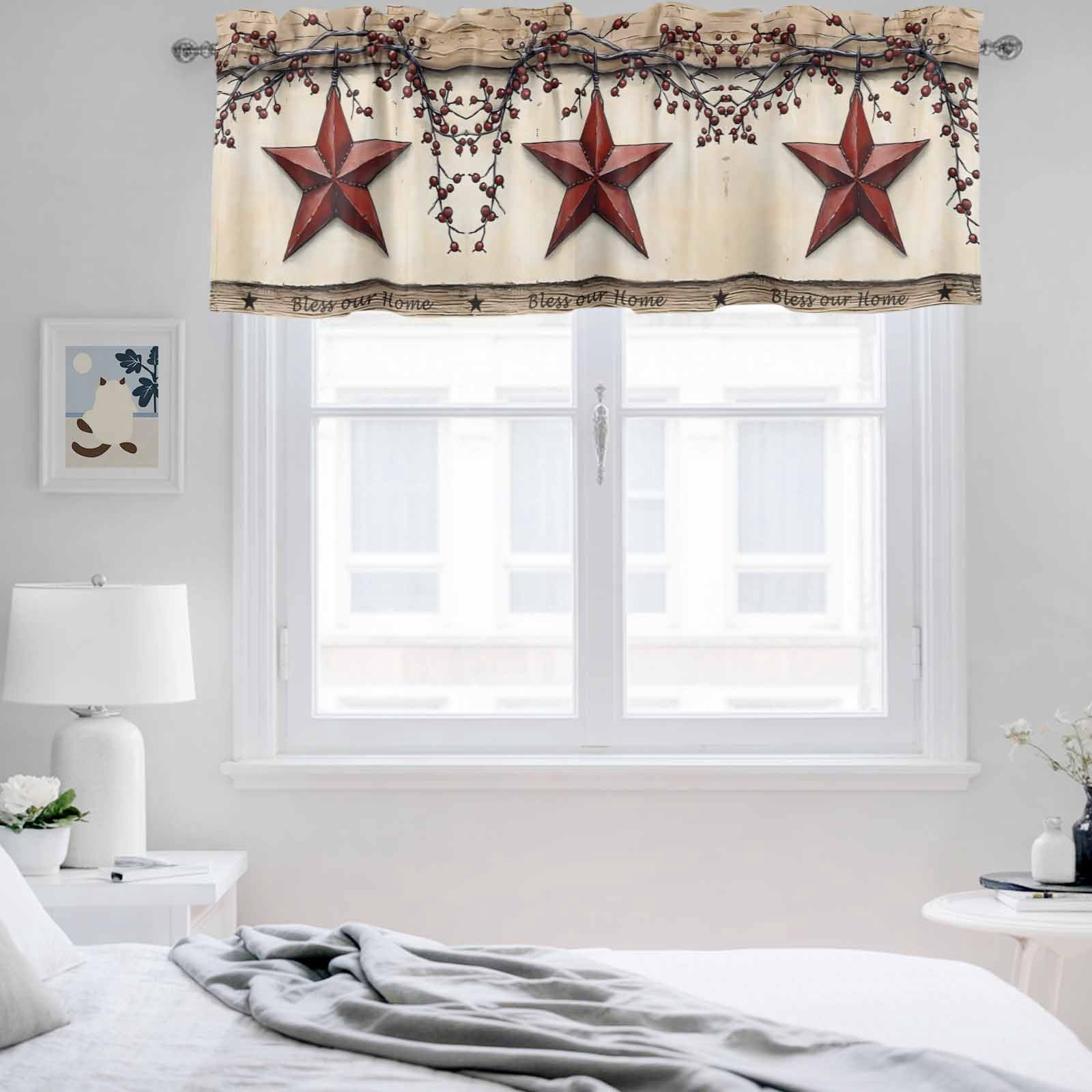 2 Pack Farmhouse American Valance for Window Country Star Berries Vintage Wood Grain Kitchen Valance Rod Pocket Short Curtain Topper Decorative Window Treatment for Living Room Bedroom 60"x18"