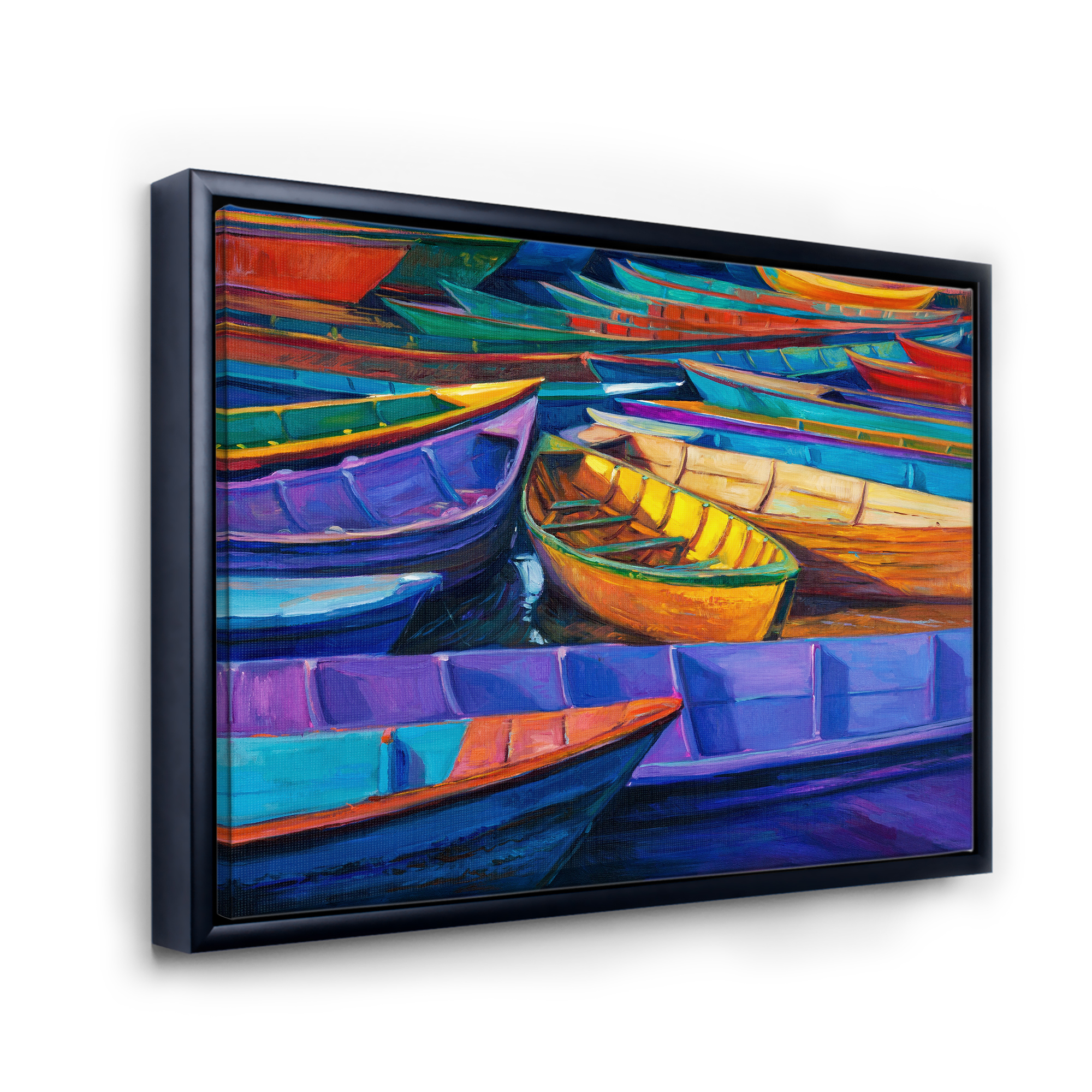 Designart 'Boats During Warm Sunset Resting On The Water II' Nautical & Coastal Framed Canvas Wall Art Print