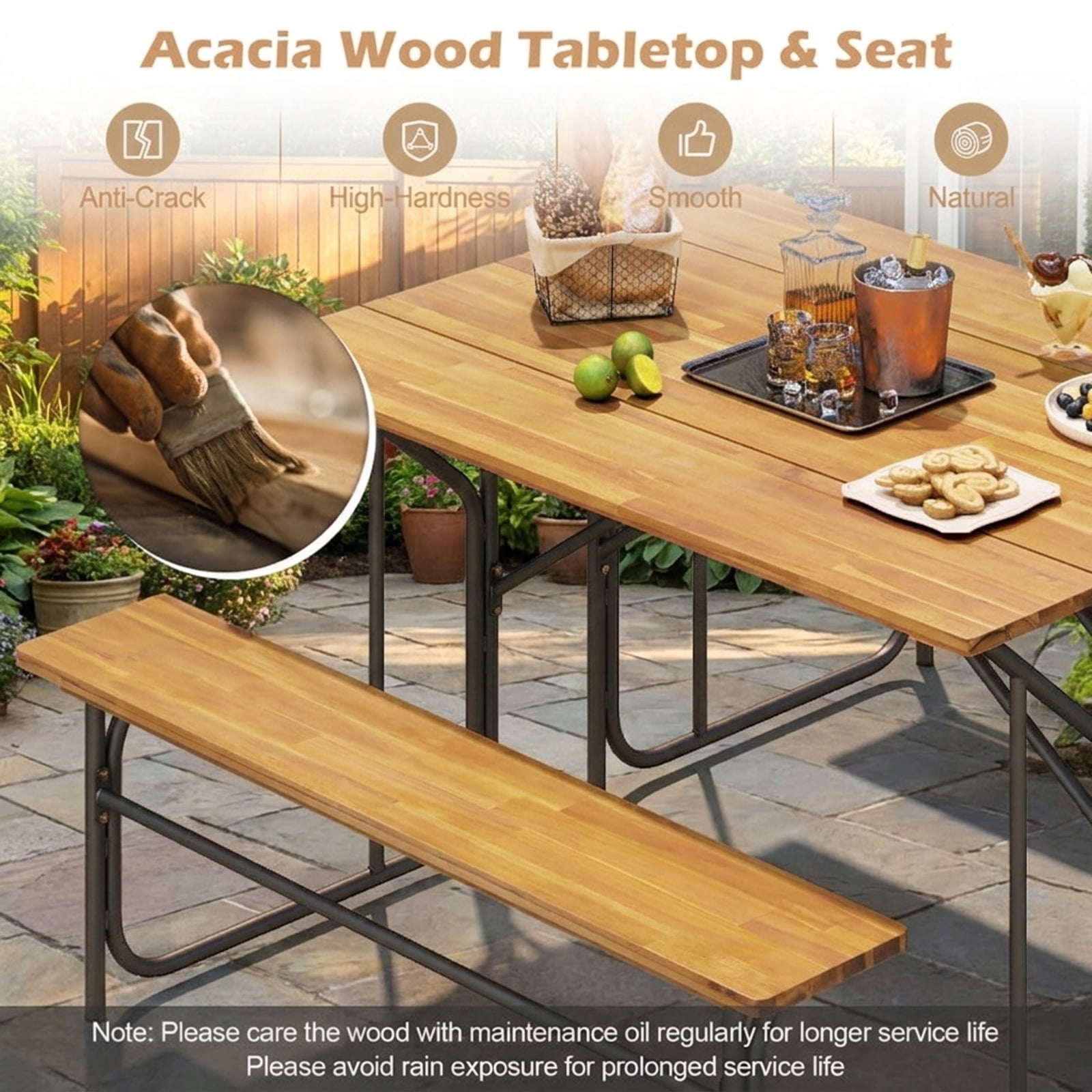 Biotree Acacia Wood Patio Picnic Table and Bench Set for 2 People One-Side Outdoor Table for Garden Deck and Backyard Dining, Black