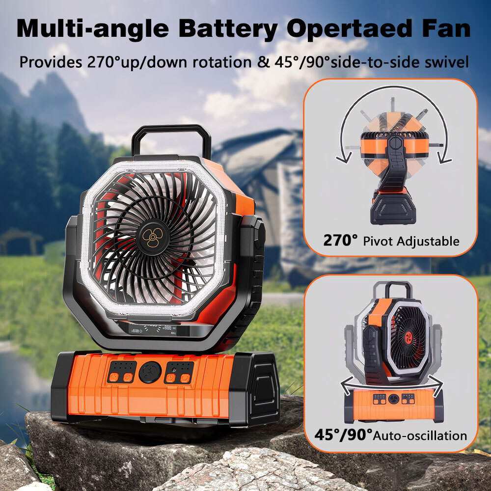 Camping Fan, Kepeak 20000mAh Rechargeable Personal Fan with Remote, Light, and Hook for Travel, Camping, Tent, Office - Orange