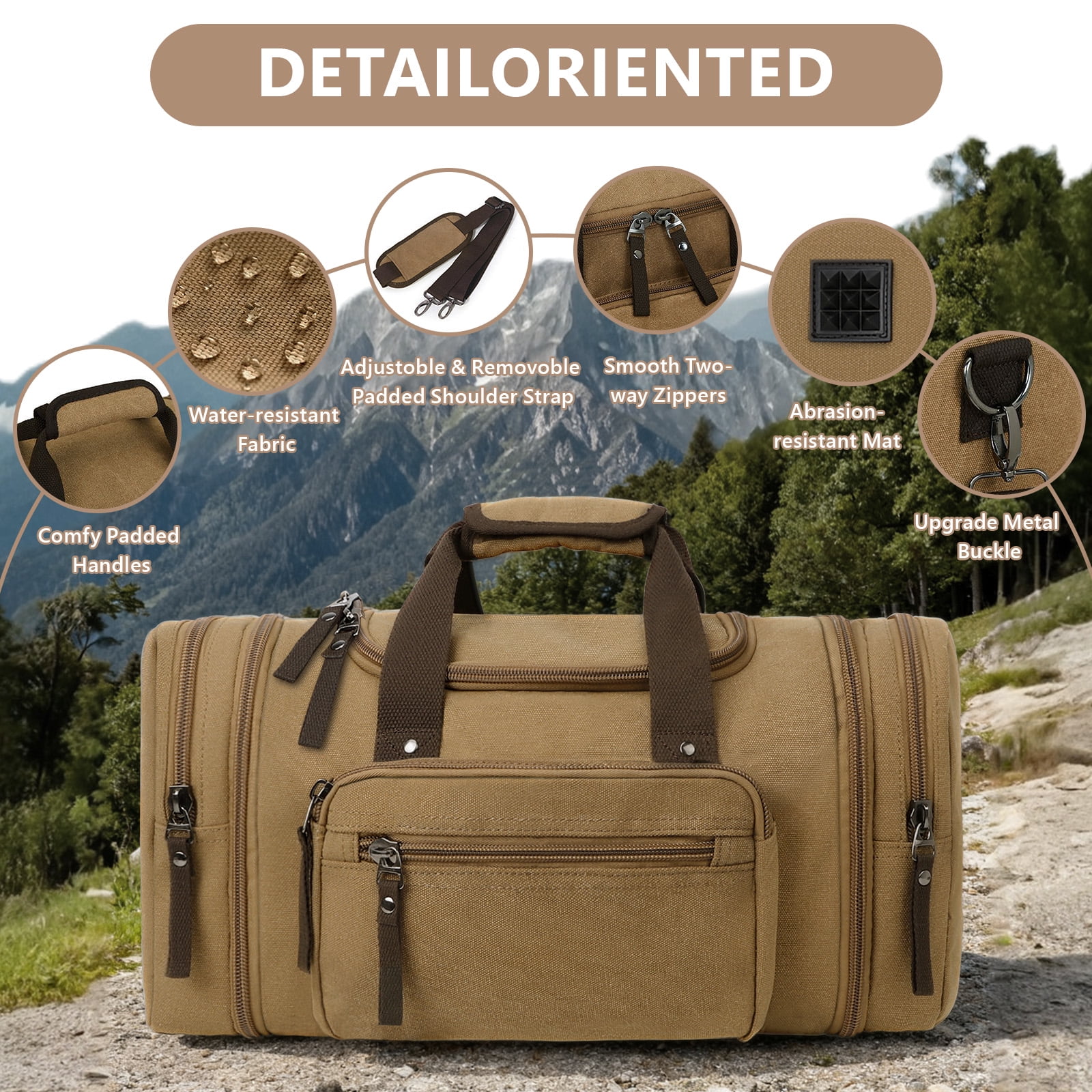 DAKOMM Duffle Bag for Travel, 50L Expandable Canvas Travel Duffel Bags Overnight Weekend Waterproof Gym Carry On Luggage Bag Travel Bag for Men & Women, Coffee