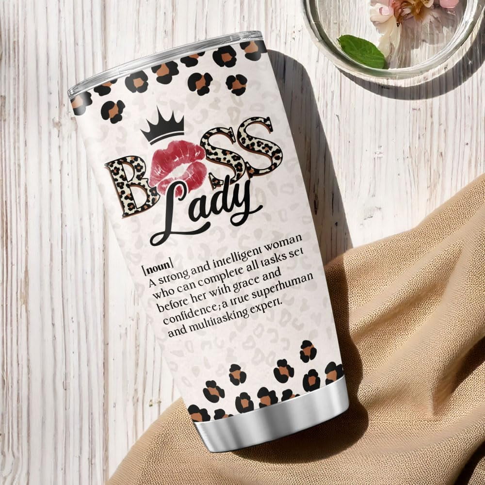 Boss Lady Definition Cup for Women, Leopard Print Lips Crown Design 20oz Stainless Steel Coffee Tumbler, Inspirational Gift for Female Leaders, Coworkers, Friends