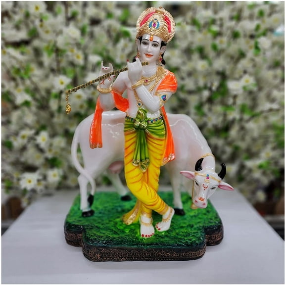 Krishna with Cow Statue in Marble Dust Lord Krishna Idol Standing Krishna Figurine God of Love Krishna Murti God Krishna Sculpture Indian Home Temple Decor Hindu God Statue - AtoZ India Cart