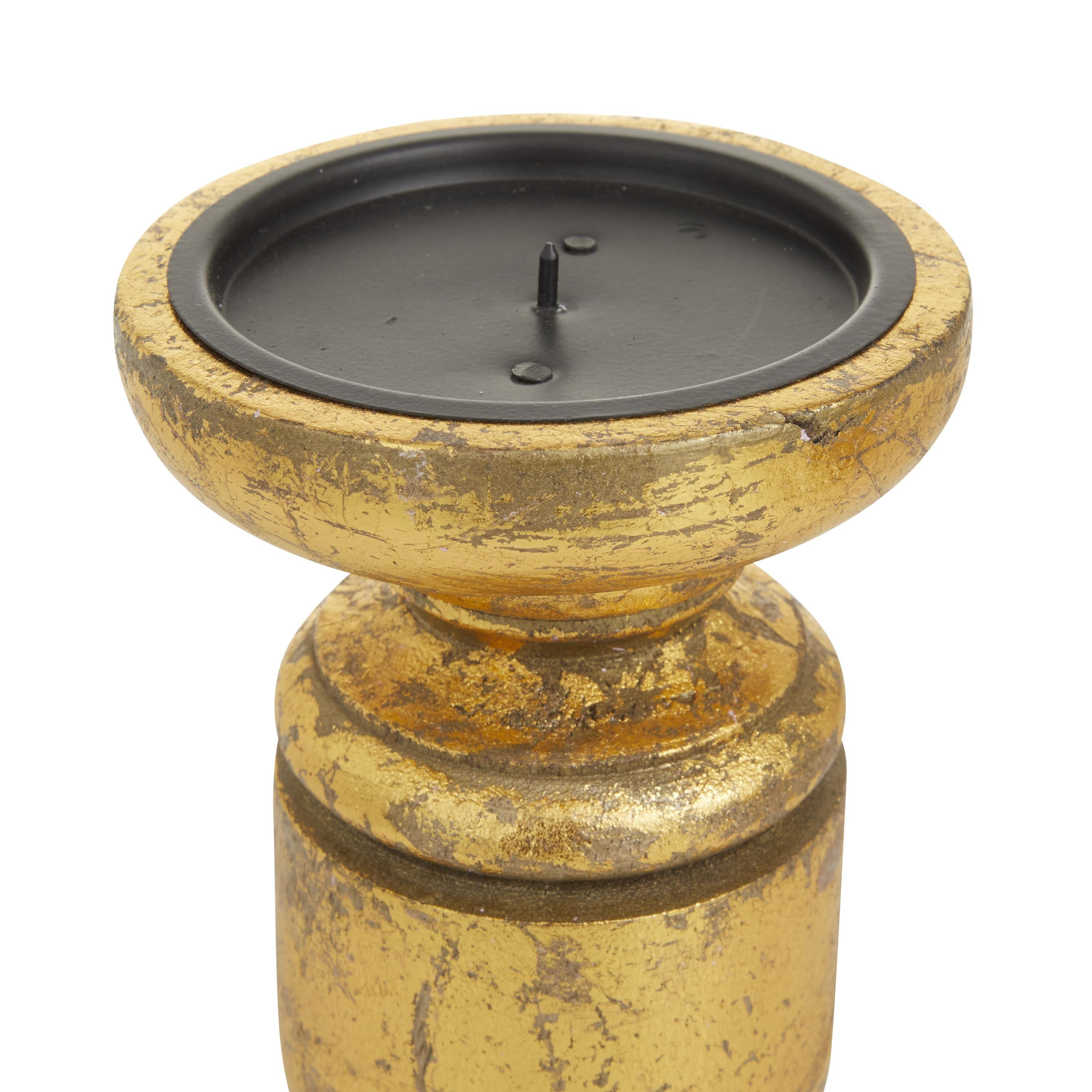 DecMode 3 Candle Gold Mango Wood Turned Style Pillar Candle Holder, Set of 3