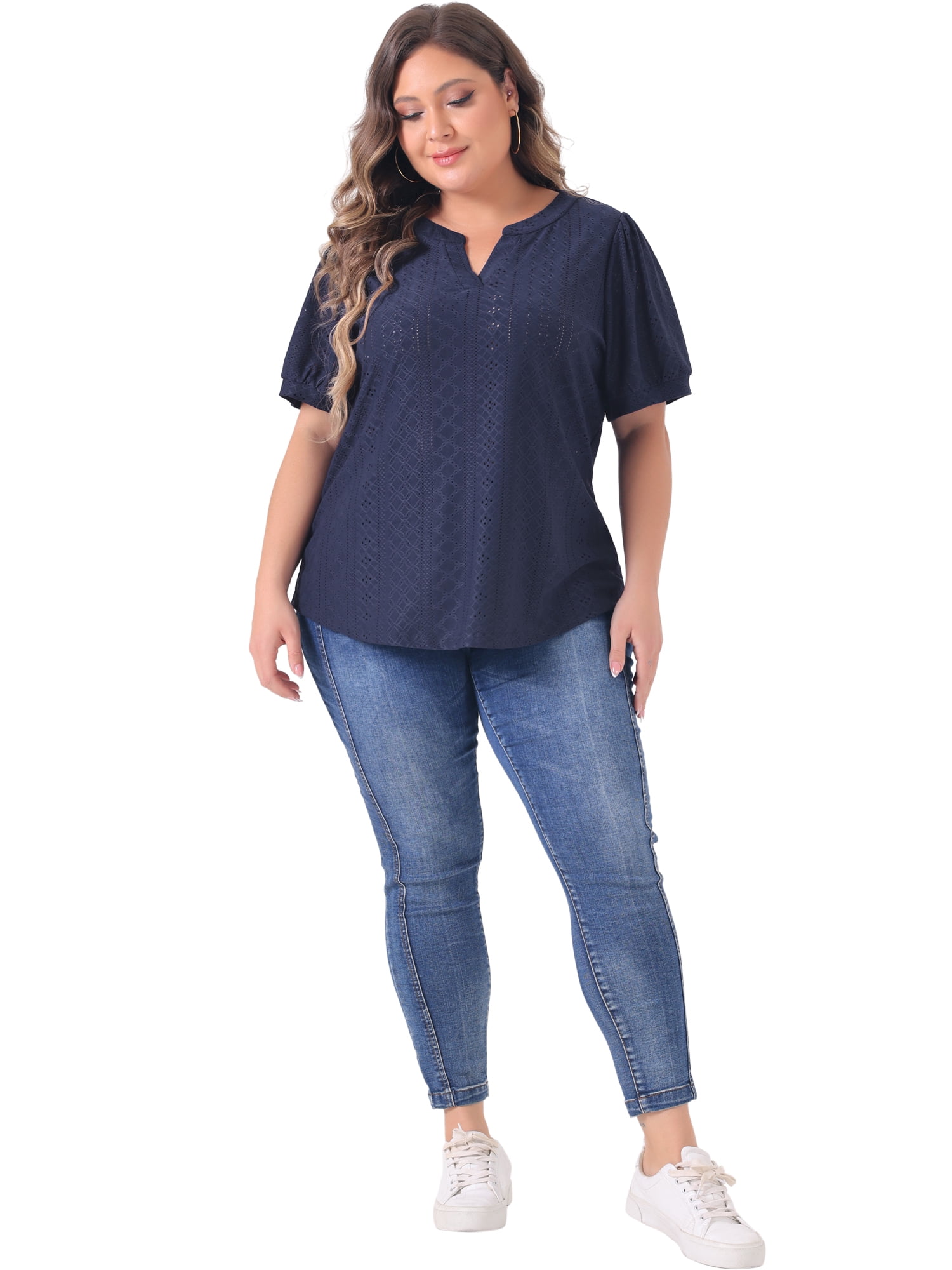 Women's Plus Tops Hollow Casual V Neck Short Sleeve Summer Blouse Shirts 3X Navy Blue