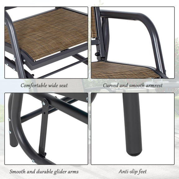 Patio Furniture Outsunny Porch Glider Set of 2, Metal Frame Swing Glider Chairs with Breathable Mesh Fabric, Curved Armrests and Steel Frame for Garden, Poolside, Backyard, Balcony, Light Mixed Brown