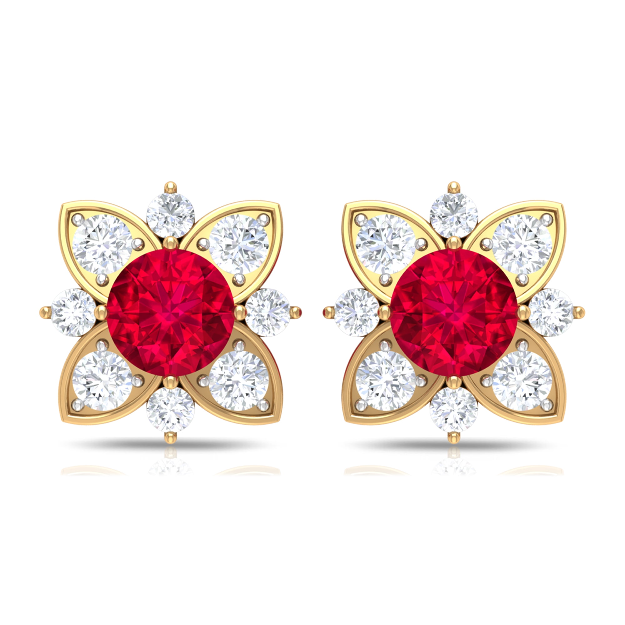 1Ct Round Cut Ruby & Diamond Cluster Flower Stud Earrings 14k Yellow Gold Finish