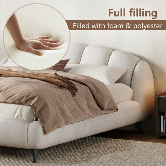 King Size Upholstered Platform Bed Chenille Thick Headboard and Footboard, Shell-Shape Design Beds, Beige