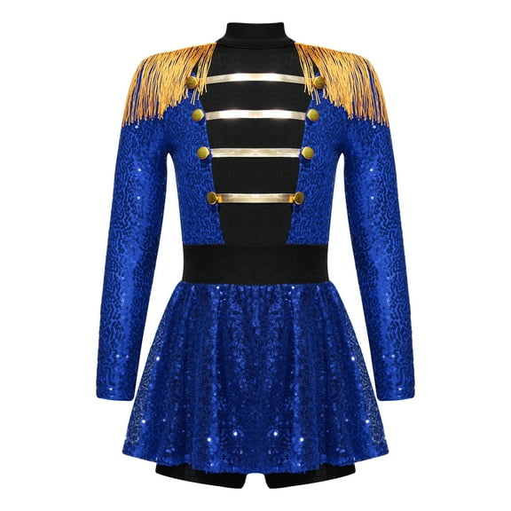 dPois Kids Girls Halloween Ringmaster Leotard Dress Circus Long Sleeve Sequins Tassel Romper Jumpsuit Blue 16
