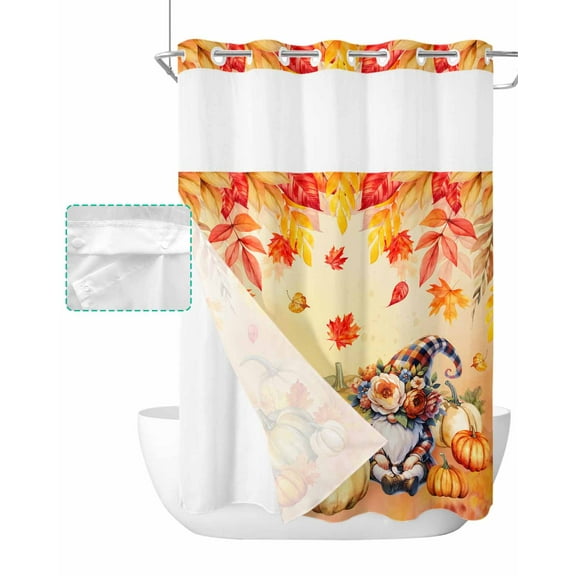 No Hook Shower Curtain with Snap in Liner, Fall Thanksgiving Country Pumpkin Ginkgo Biloba Dwarf Watercolor Shower Curtains for Bathroom, Washable Inner Liner with Mesh Top Window, 60"x72"