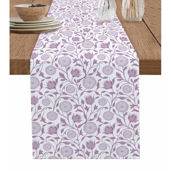 Purple Flowers Table Runner 72 Inches, Vintage Country Plants Floral Herbs Bed Runner Dresser Scarves Tabletop for Indoor Outdoor Parties/Ceremony/Banquet, 13" x 72"