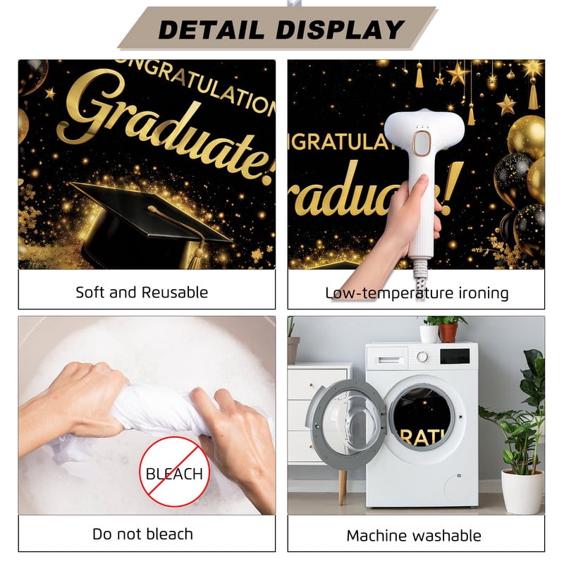 Fluzimir 10x8ft Polyester Fabric Golden Starlight And Black Graduation Photography Backdrop Class Of Background Bachelor Cap Balloon For Grad Congrats Prom Party Decoration Banner Picture Studio