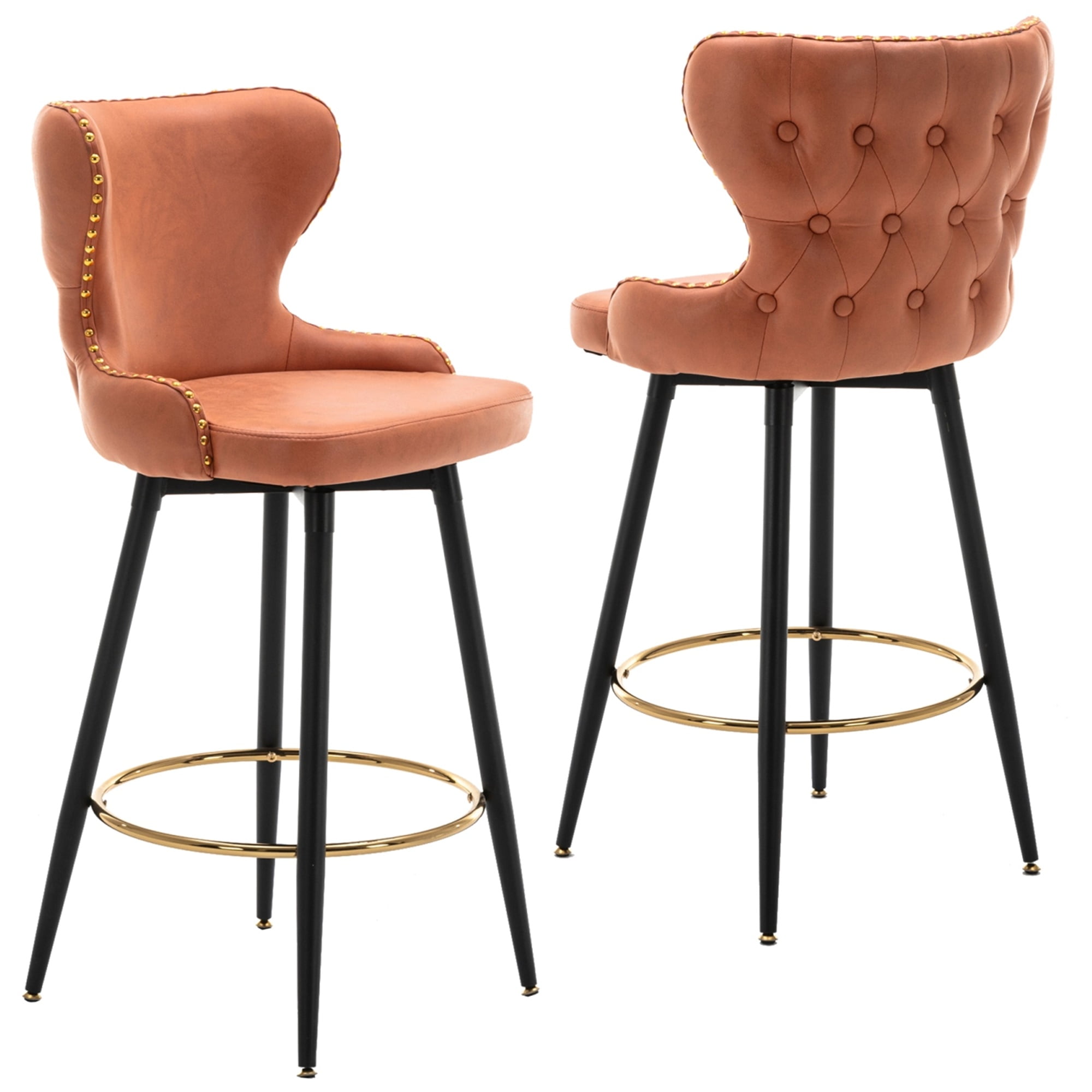 Yardi Yard Modern Leathaire Set of 2 Bar Stools with Back, 29.9" Tufted Gold Nailhead Trim Counter Height Stools for Pub Kitchen, Khaki Yardi Yard Modern Leathaire Set of 2 Bar Stools with Back, 29.9" Tufted Gold Nailhead Trim Counter Height Stools for Pub Kitchen, Khaki