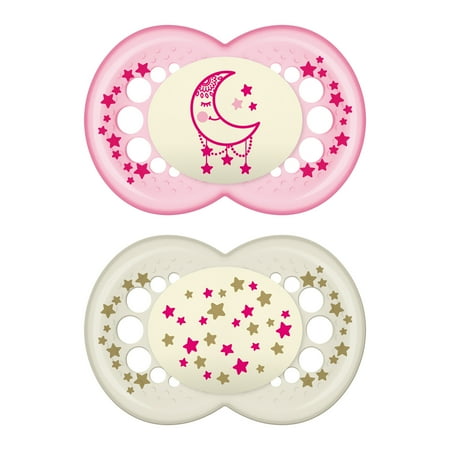 MAM Glow In the Dark Pacifiers, Baby Pacifier 6+ Months, Best Pacifier for Breastfed Babies, 'Night’ Design Collection, Girl, 2-Count