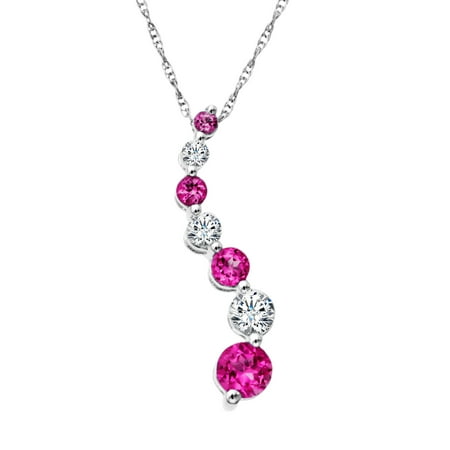 7/8 ct Created Pink and White Sapphire Journey Pendant Necklace in 10kt White Gold