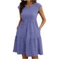 thumbnail image 4 of qolati Women Summer Dresses Crew Neck Cap Sleeve Midi Dresses Casual Ruffle Tiered Smocked Elastic Waist Flowy Sundress Beach Vacation Clothes with Pockets Purple XL, 4 of 8
