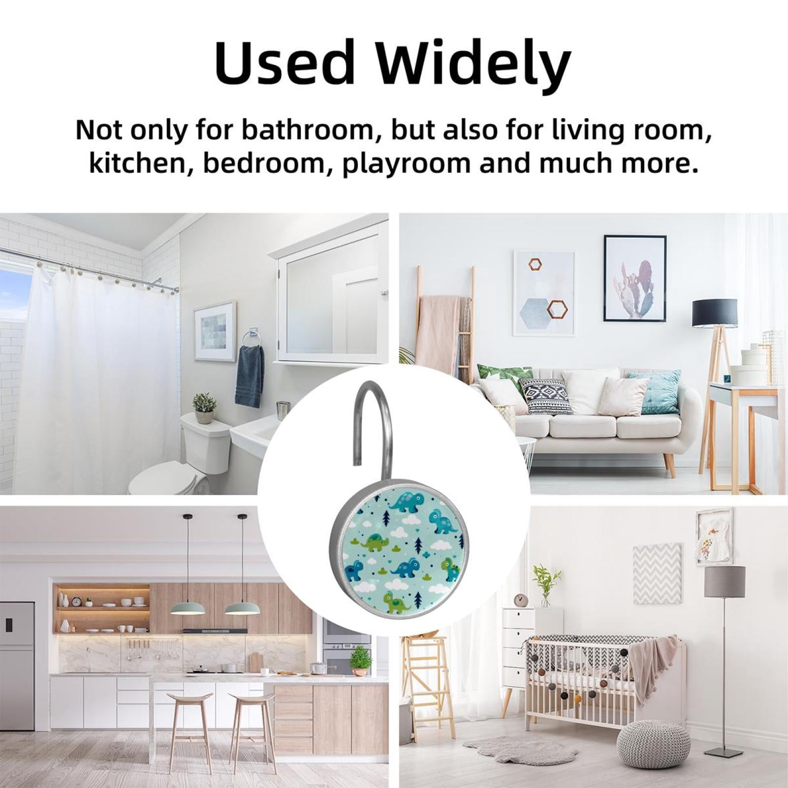 12pcs Decorative Shower Curtain Hooks, Rust Resistant Shower Rings for Bathroom Living Room,Rustproof Stainless Steel Rings for Shower Curtain and Liner Rods,Cartoon Dinosaurs Trees Blue