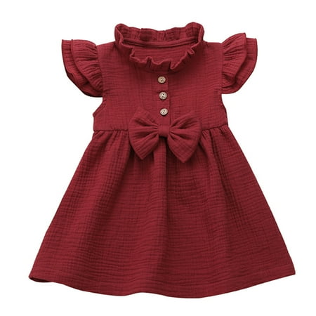 

Alueeu chidren dress for girl Toddler Kids Baby Girls Solid Bow Linen Ruffled Princess Casual Dress Clothes