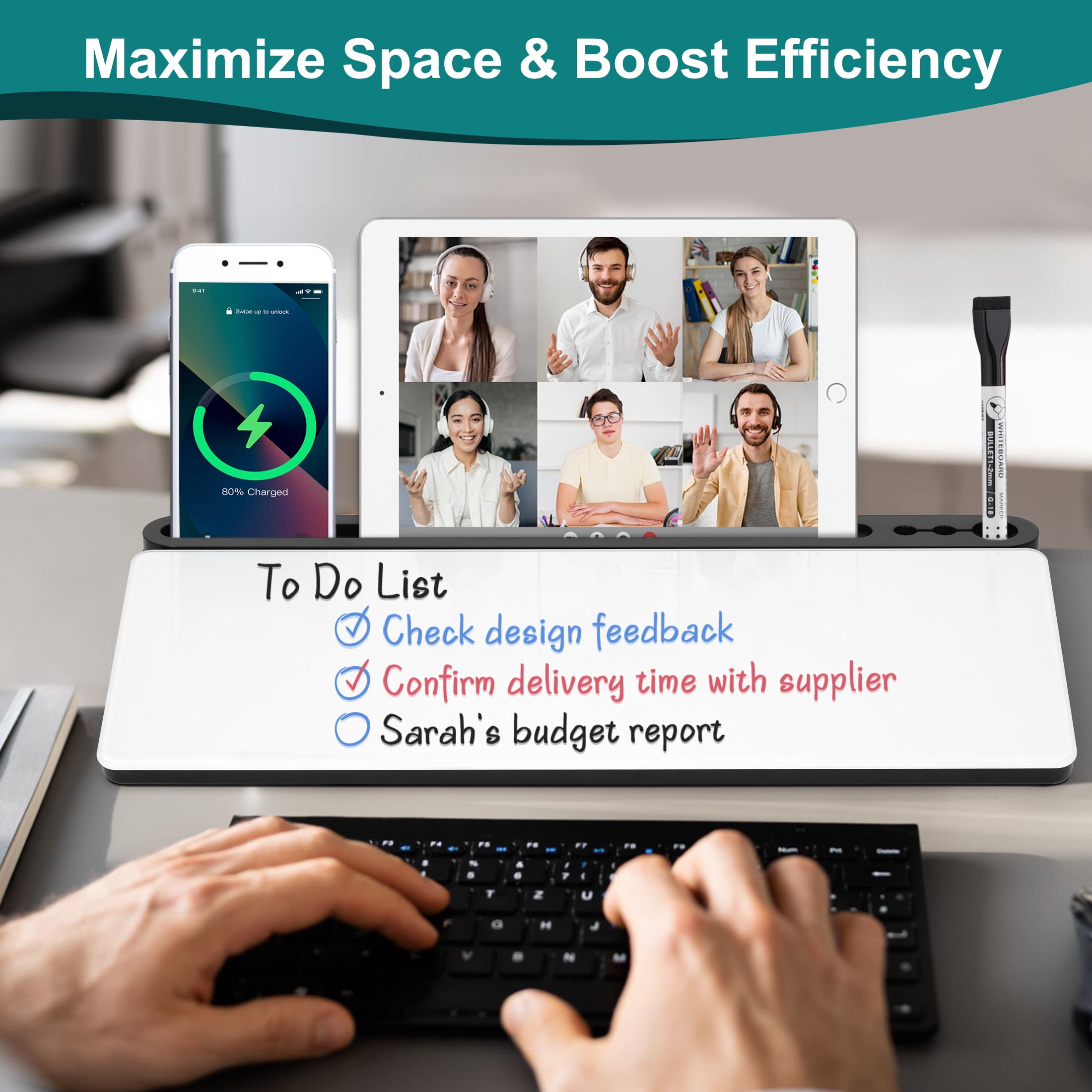 DOLLAR BOSS Glass Desktop Whiteboard for Desk, Desk Dry Erase White Board Deskboard Buddy Computer Pad Keyboard Stand for Home, Office Desk Accessories with 4 Markers 1 Eraser, White & Black