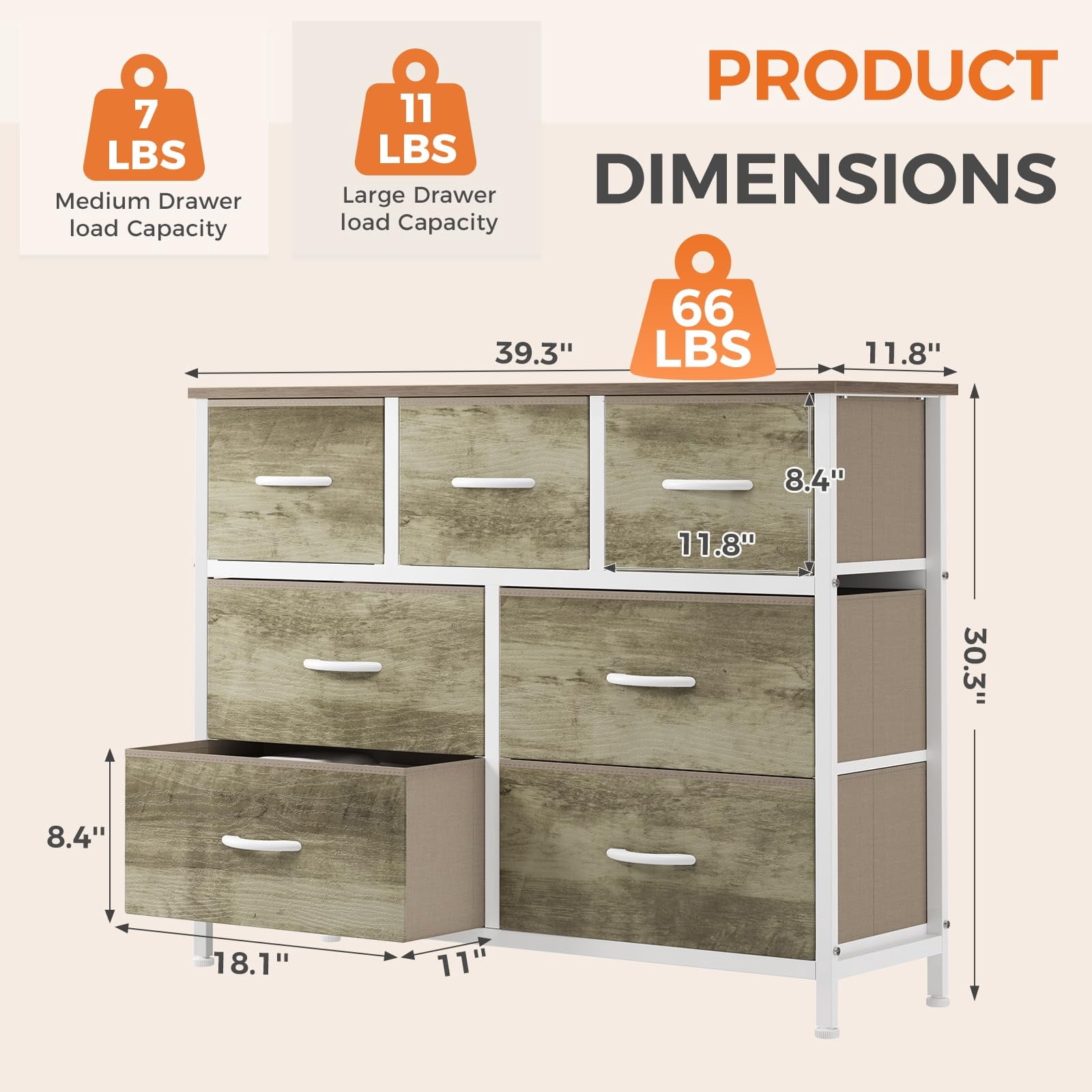 Telyra 7-Drawer Fabric Dresser TV Stand Organizer with Wood Top and Metal Frame Wide Storage Chest, Oak Greige
