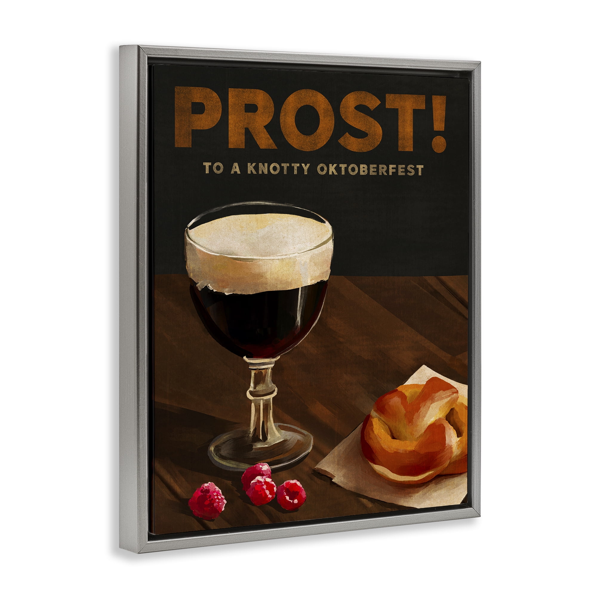 Stupell Industries Prost Beer & Pretzel Food & Beverage Painting Gray Floater Framed Canvas Art Print Wall Art, 25 x 31
