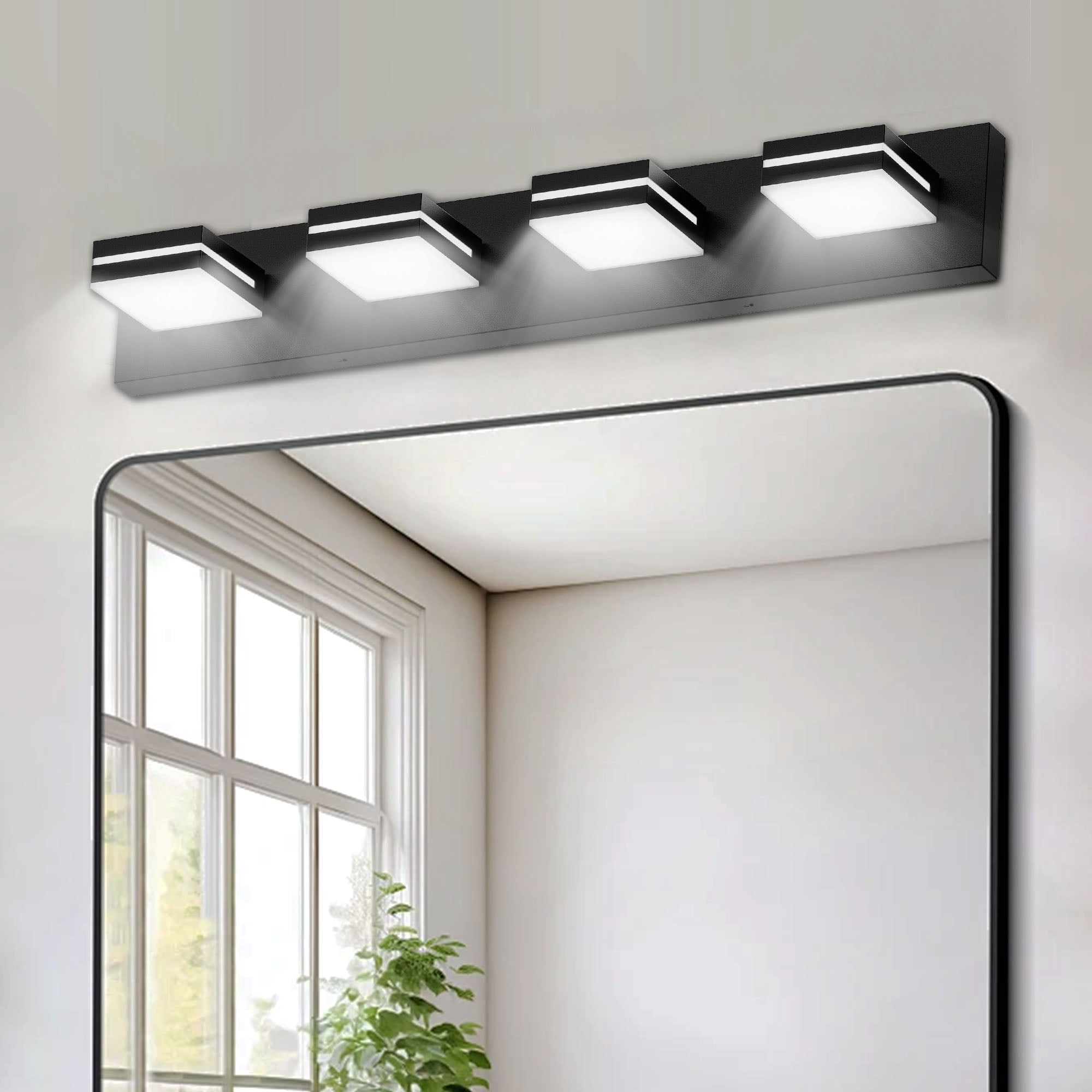GCGAFUL 30 in. 4-Light Matte Black Modern Dimmable Bathroom Vanity Light with 360° Rotatable Head, Wall Sconce for Bathroom and Mirror