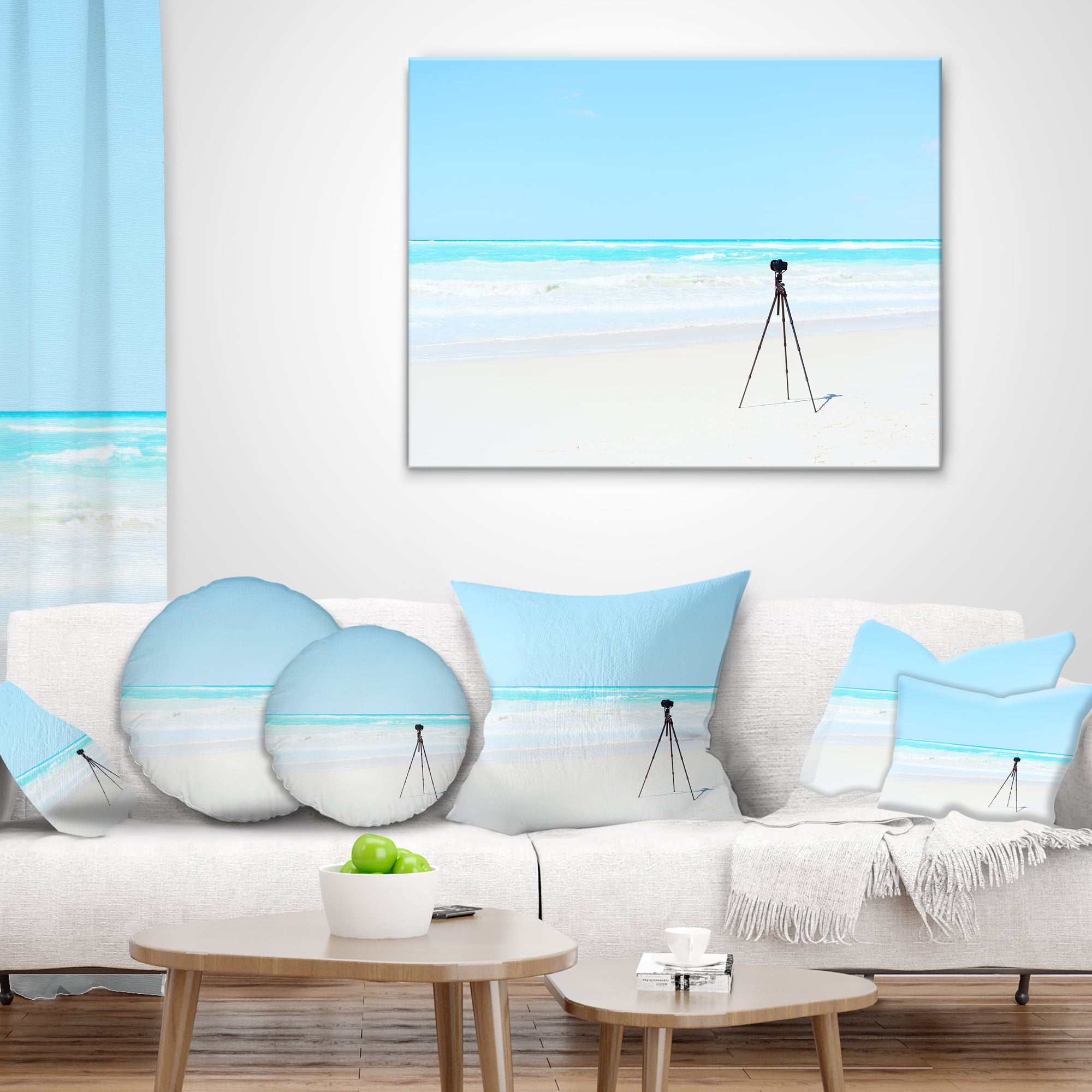Designart Digital Camera and Tripod on Beach - Landscape Wall Throw Pillow - 12x20