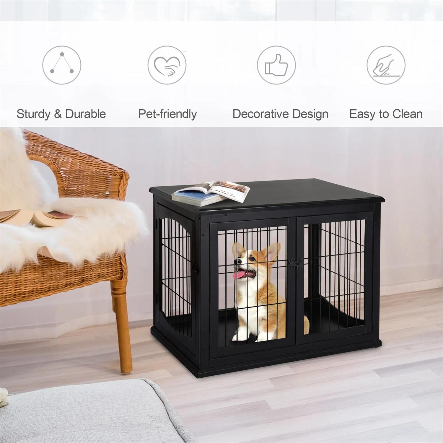 Pefilos 23" Dog Crate Furniture with Two Opening Sides, Lockable Door, Wooden Puppy Kennel Table, Indoor Dog House for Small Dogs, Black