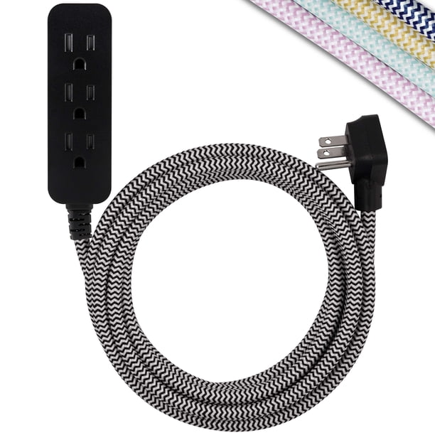 Cordinate Designer - Cable de extensión polarizado con protección contra sobretensiones y Cuerda Trenzada de Tela, 3 tomacorrientes conectados a Tierra, Negro Cordinate NA