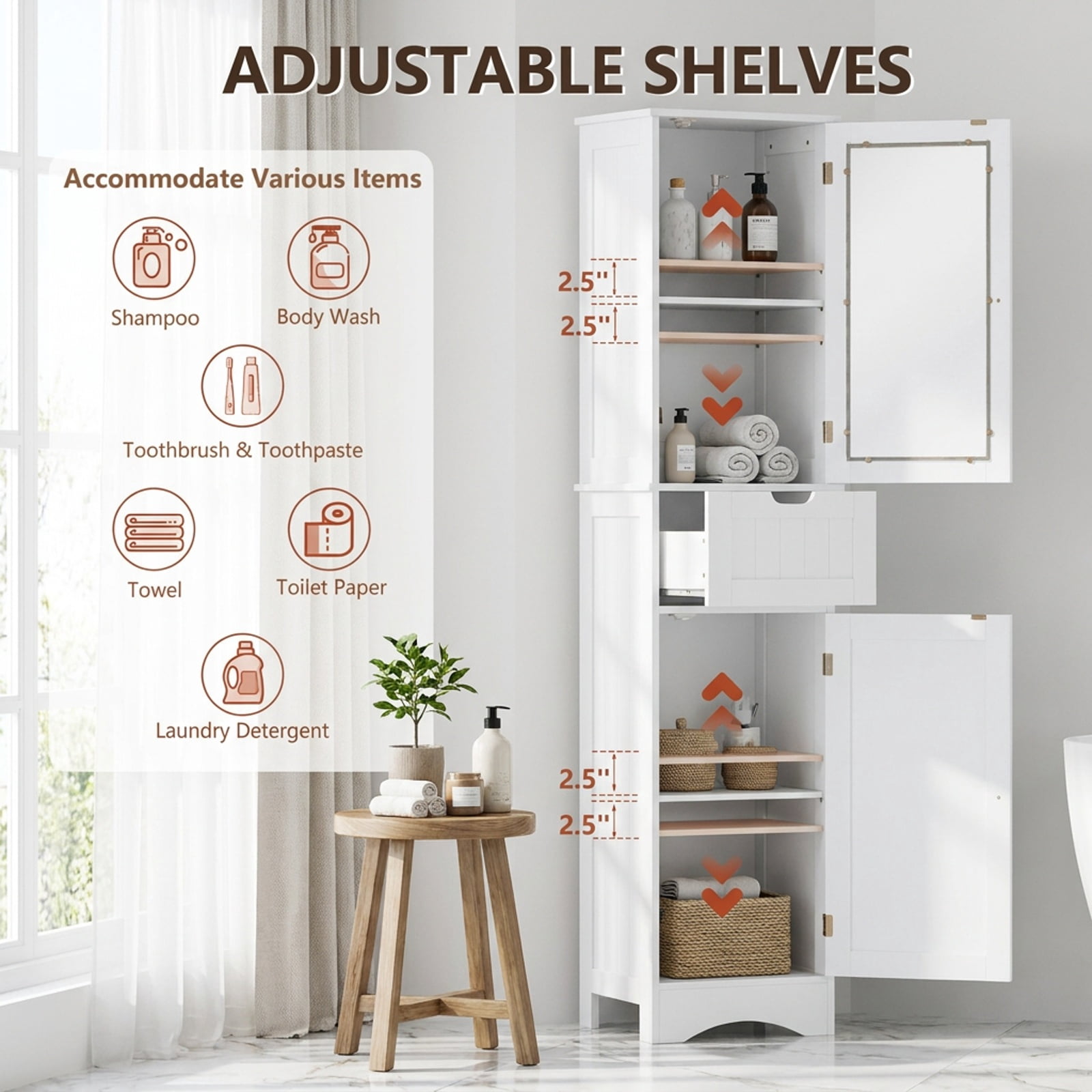 Vebreda Freestanding Bathroom Storage Cabinet, Tall Floor Storage Cabinet with 2 Doors and 1 Drawer for Bathroom, Fit Anywhere You Need